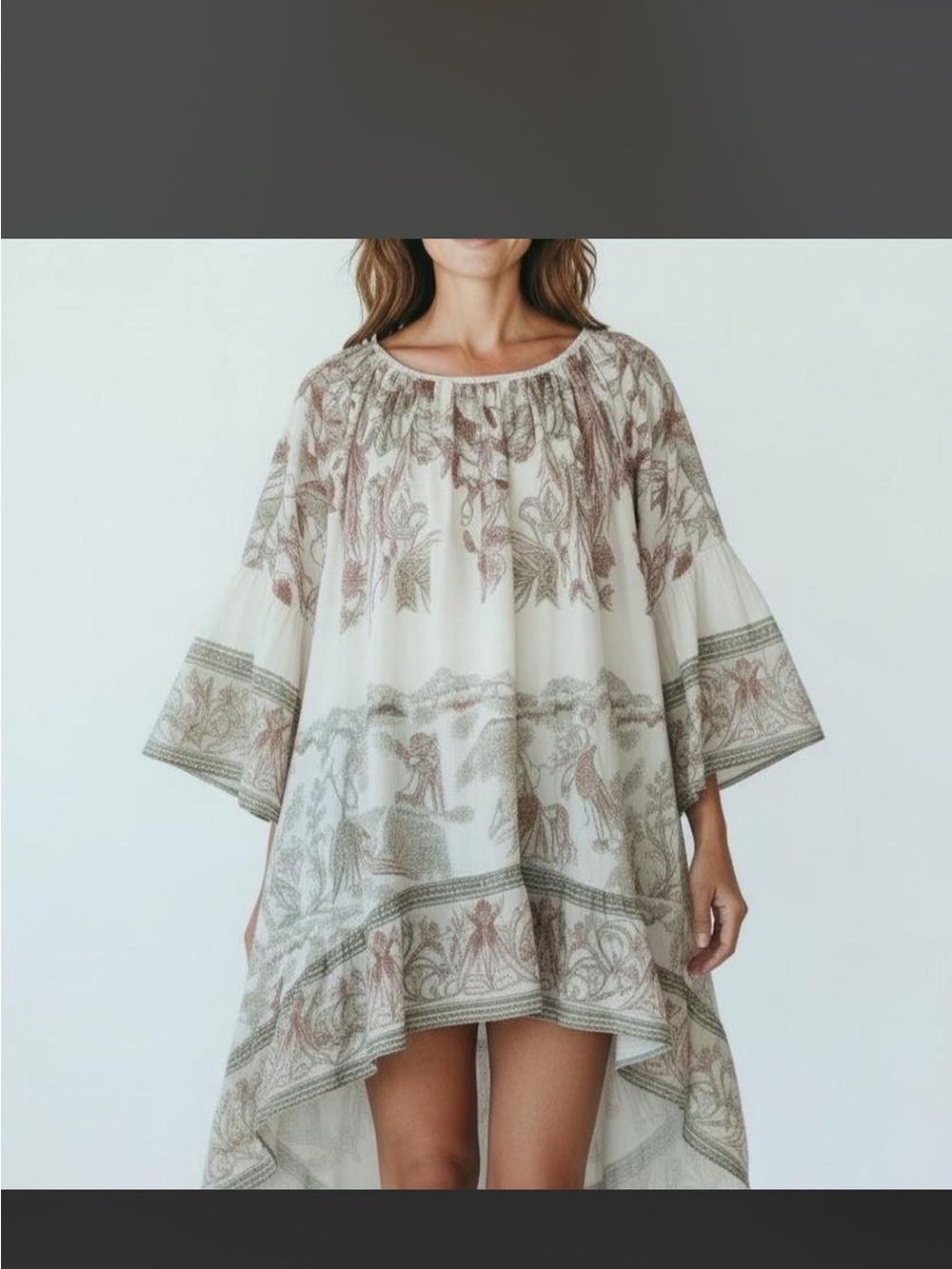 SHEIN Cream High-Low Boho Tunic Dress with Sage & Mauve Prints